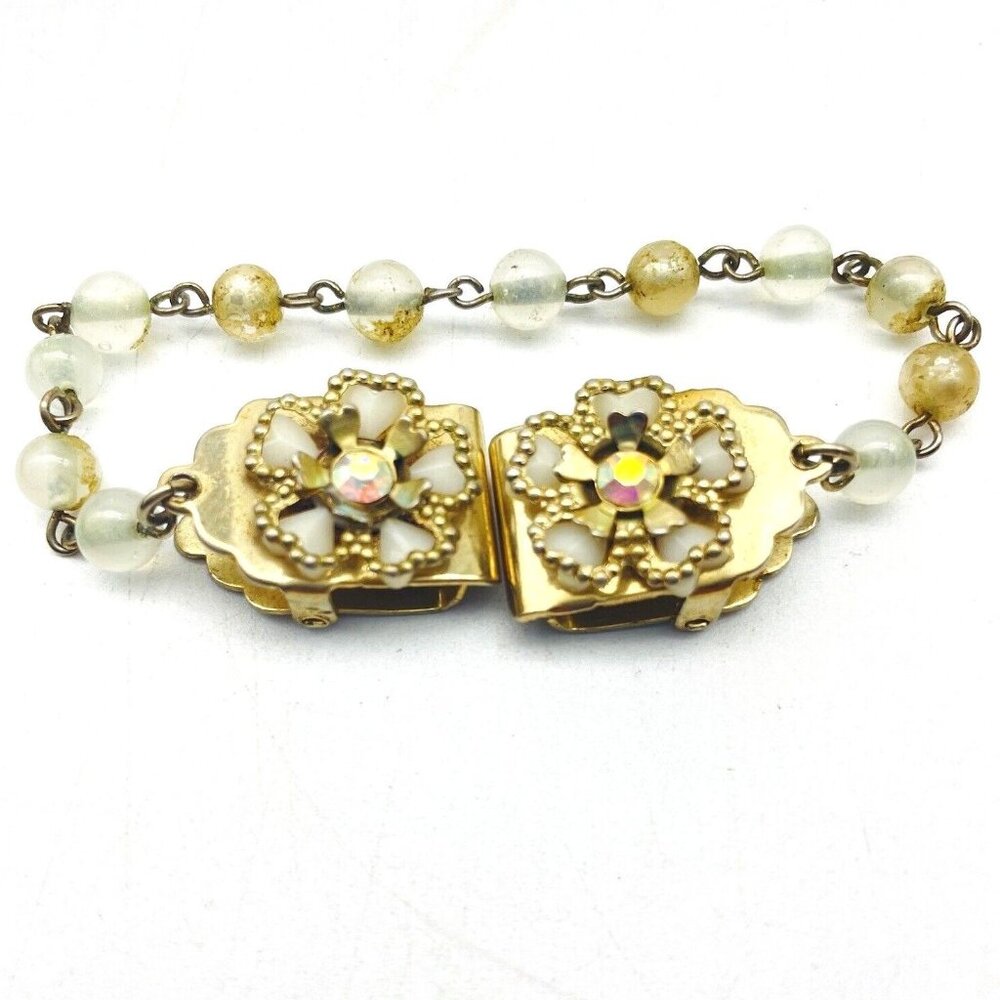 Vintage Beaded Sweater Chain and Clips Gold Tone White Beads Flowers Pat Pend